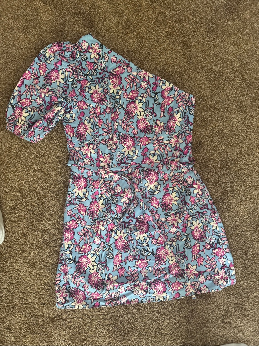 French Connection Floral One-Shoulder Mini Dress in Light Blue and Pink